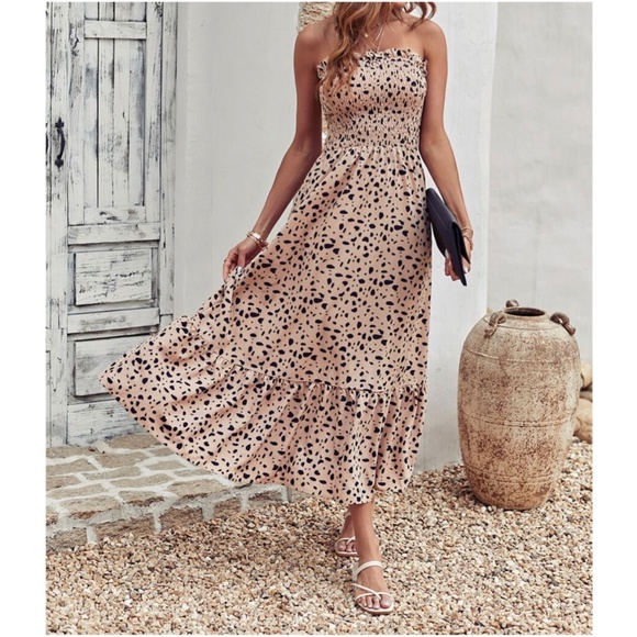 BellanBlue Dresses & Skirts - Boho Camel Leopard Print Ruffle Maxi Dress